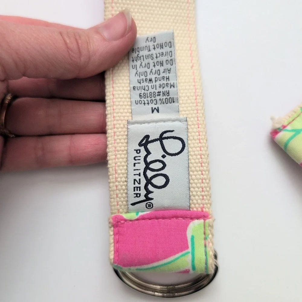 Lilly Pulitzer Canvas Belt Tropical Floral Pink Green D Ring Sz M Preppy Coastal